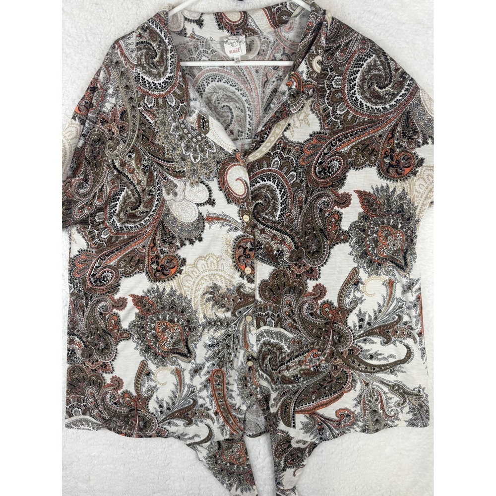 Naif 1X Paisley‎ Print Button Front Tie Bottom Short Sleeve Blouse Top